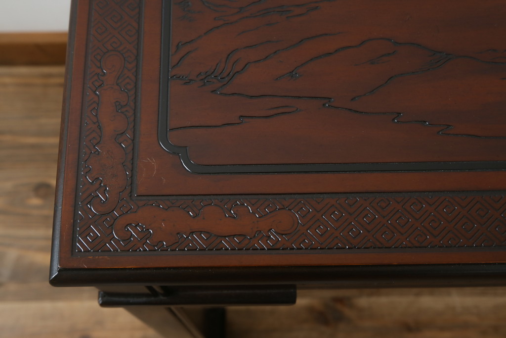 中古　希少モデル　DREXEL HERITAGE(ドレクセルヘリテイジ)　彫刻入り　異国情緒あふれるシノワズリ様式のコンソールテーブル(薄型デスク、机、ワークデスク、サイドテーブル、在宅用、在宅ワーク用)(R-080159)