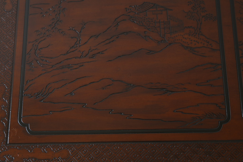 中古　希少モデル　DREXEL HERITAGE(ドレクセルヘリテイジ)　彫刻入り　異国情緒あふれるシノワズリ様式のコンソールテーブル(薄型デスク、机、ワークデスク、サイドテーブル、在宅用、在宅ワーク用)(R-080159)