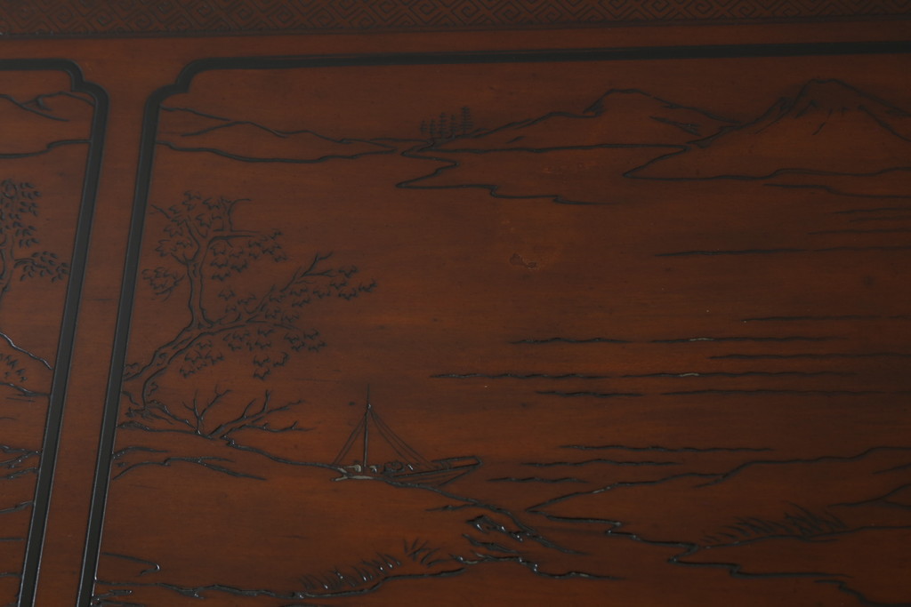 中古　希少モデル　DREXEL HERITAGE(ドレクセルヘリテイジ)　彫刻入り　異国情緒あふれるシノワズリ様式のコンソールテーブル(薄型デスク、机、ワークデスク、サイドテーブル、在宅用、在宅ワーク用)(R-080159)