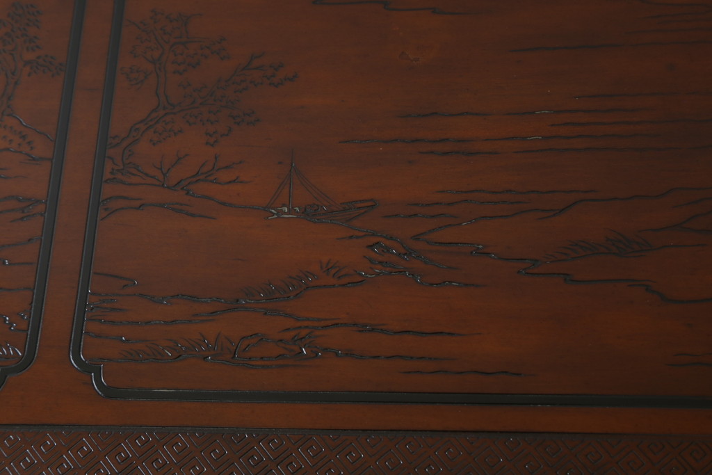 中古　希少モデル　DREXEL HERITAGE(ドレクセルヘリテイジ)　彫刻入り　異国情緒あふれるシノワズリ様式のコンソールテーブル(薄型デスク、机、ワークデスク、サイドテーブル、在宅用、在宅ワーク用)(R-080159)
