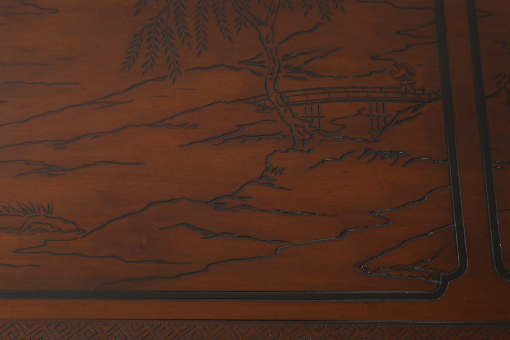 中古　希少モデル　DREXEL HERITAGE(ドレクセルヘリテイジ)　彫刻入り　異国情緒あふれるシノワズリ様式のコンソールテーブル(薄型デスク、机、ワークデスク、サイドテーブル、在宅用、在宅ワーク用)(R-080159)