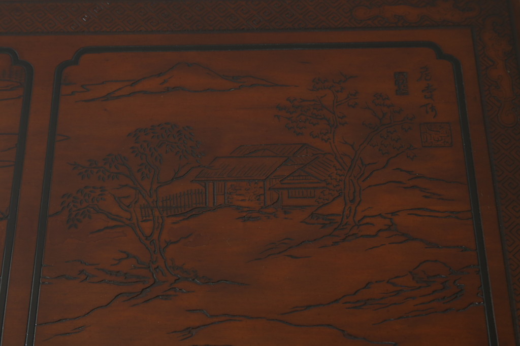 中古　希少モデル　DREXEL HERITAGE(ドレクセルヘリテイジ)　彫刻入り　異国情緒あふれるシノワズリ様式のコンソールテーブル(薄型デスク、机、ワークデスク、サイドテーブル、在宅用、在宅ワーク用)(R-080159)
