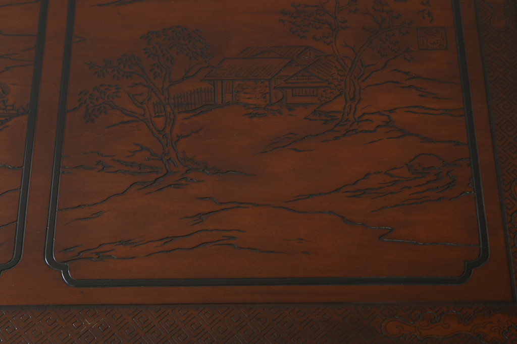 中古　希少モデル　DREXEL HERITAGE(ドレクセルヘリテイジ)　彫刻入り　異国情緒あふれるシノワズリ様式のコンソールテーブル(薄型デスク、机、ワークデスク、サイドテーブル、在宅用、在宅ワーク用)(R-080159)
