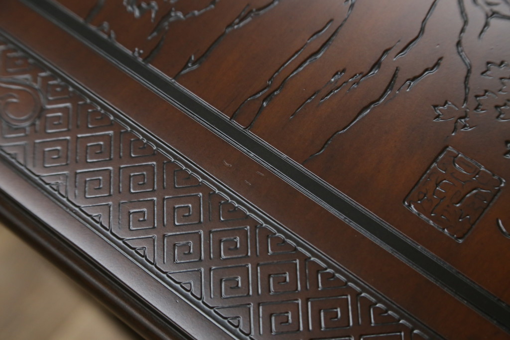 中古　希少モデル　DREXEL HERITAGE(ドレクセルヘリテイジ)　彫刻入り　異国情緒あふれるシノワズリ様式のコンソールテーブル(薄型デスク、机、ワークデスク、サイドテーブル、在宅用、在宅ワーク用)(R-080159)
