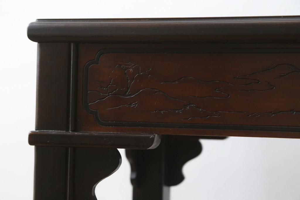 中古　希少モデル　DREXEL HERITAGE(ドレクセルヘリテイジ)　彫刻入り　異国情緒あふれるシノワズリ様式のコンソールテーブル(薄型デスク、机、ワークデスク、サイドテーブル、在宅用、在宅ワーク用)(R-080159)