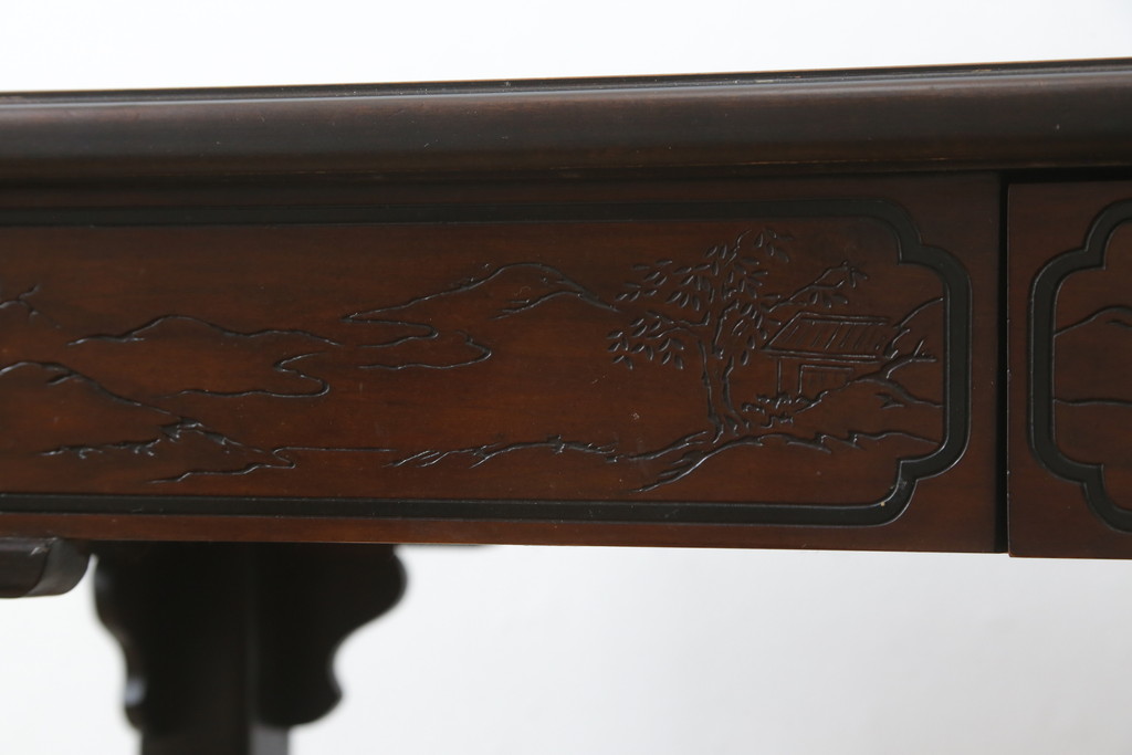 中古　希少モデル　DREXEL HERITAGE(ドレクセルヘリテイジ)　彫刻入り　異国情緒あふれるシノワズリ様式のコンソールテーブル(薄型デスク、机、ワークデスク、サイドテーブル、在宅用、在宅ワーク用)(R-080159)
