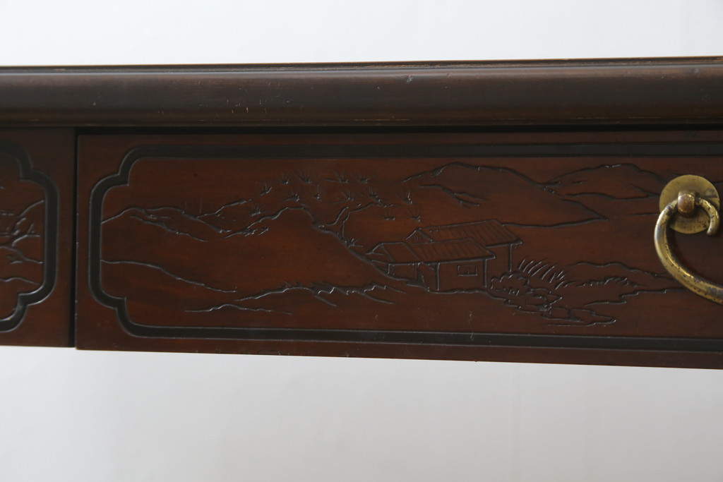 中古　希少モデル　DREXEL HERITAGE(ドレクセルヘリテイジ)　彫刻入り　異国情緒あふれるシノワズリ様式のコンソールテーブル(薄型デスク、机、ワークデスク、サイドテーブル、在宅用、在宅ワーク用)(R-080159)