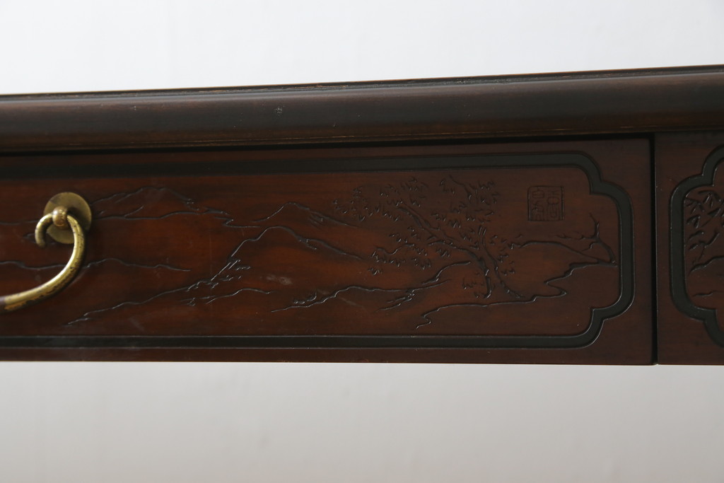 中古　希少モデル　DREXEL HERITAGE(ドレクセルヘリテイジ)　彫刻入り　異国情緒あふれるシノワズリ様式のコンソールテーブル(薄型デスク、机、ワークデスク、サイドテーブル、在宅用、在宅ワーク用)(R-080159)