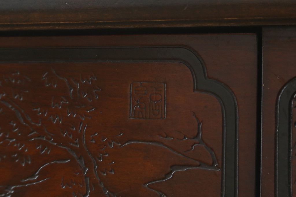 中古　希少モデル　DREXEL HERITAGE(ドレクセルヘリテイジ)　彫刻入り　異国情緒あふれるシノワズリ様式のコンソールテーブル(薄型デスク、机、ワークデスク、サイドテーブル、在宅用、在宅ワーク用)(R-080159)