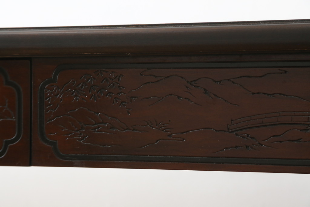 中古　希少モデル　DREXEL HERITAGE(ドレクセルヘリテイジ)　彫刻入り　異国情緒あふれるシノワズリ様式のコンソールテーブル(薄型デスク、机、ワークデスク、サイドテーブル、在宅用、在宅ワーク用)(R-080159)