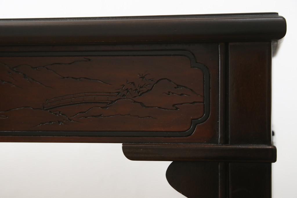 中古　希少モデル　DREXEL HERITAGE(ドレクセルヘリテイジ)　彫刻入り　異国情緒あふれるシノワズリ様式のコンソールテーブル(薄型デスク、机、ワークデスク、サイドテーブル、在宅用、在宅ワーク用)(R-080159)