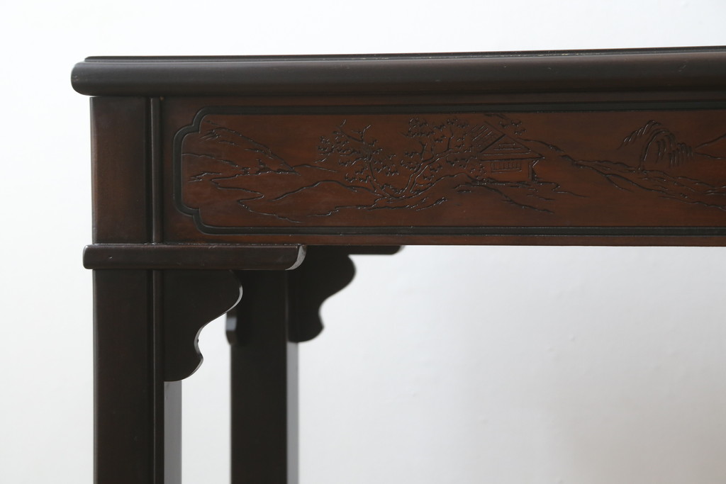 中古　希少モデル　DREXEL HERITAGE(ドレクセルヘリテイジ)　彫刻入り　異国情緒あふれるシノワズリ様式のコンソールテーブル(薄型デスク、机、ワークデスク、サイドテーブル、在宅用、在宅ワーク用)(R-080159)