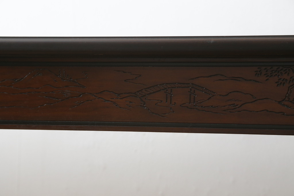 中古　希少モデル　DREXEL HERITAGE(ドレクセルヘリテイジ)　彫刻入り　異国情緒あふれるシノワズリ様式のコンソールテーブル(薄型デスク、机、ワークデスク、サイドテーブル、在宅用、在宅ワーク用)(R-080159)
