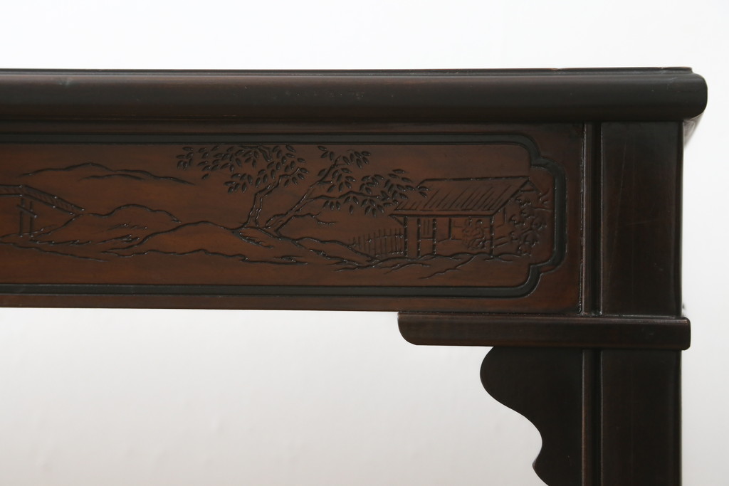 中古　希少モデル　DREXEL HERITAGE(ドレクセルヘリテイジ)　彫刻入り　異国情緒あふれるシノワズリ様式のコンソールテーブル(薄型デスク、机、ワークデスク、サイドテーブル、在宅用、在宅ワーク用)(R-080159)