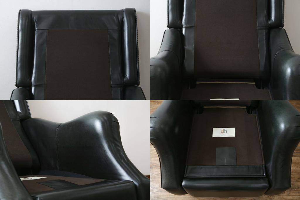 中古　DREXEL HERITAGE(ドレクセルヘリテイジ)　Upholstery(アップホルスタリー)コレクション　本革(レザー)　高級感溢れる佇まいが魅力のリクライニング付き1人掛けソファ(一人掛けソファ、1P、パーソナルチェア、ラウンジチェア、リクライニングソファ、アームソファ、フットレスト)(R-067021)