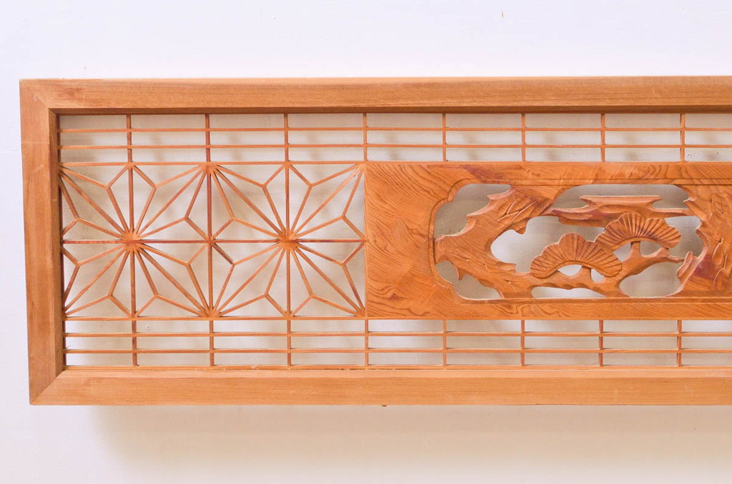 アンティーク建具　松・鷲　彫刻と組子細工の組み合わせが美しい欄間2枚セット(明り取り、明かり取り)(R-074282)