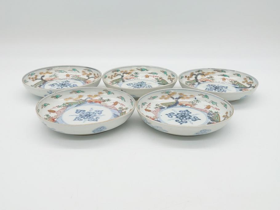 幕末期　伊万里　色絵　染付　金彩　4.5寸皿　約13.5cm　繊細で温かみのある絵付けが魅力の深皿5枚セット(四寸五分、中皿、和食器、和皿)(R-062108)