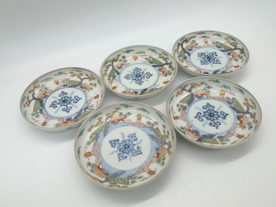 幕末期　伊万里　色絵　染付　金彩　4.5寸皿　約13.5cm　繊細で温かみのある絵付けが魅力の深皿5枚セット(四寸五分、中皿、和食器、和皿)(R-062108)