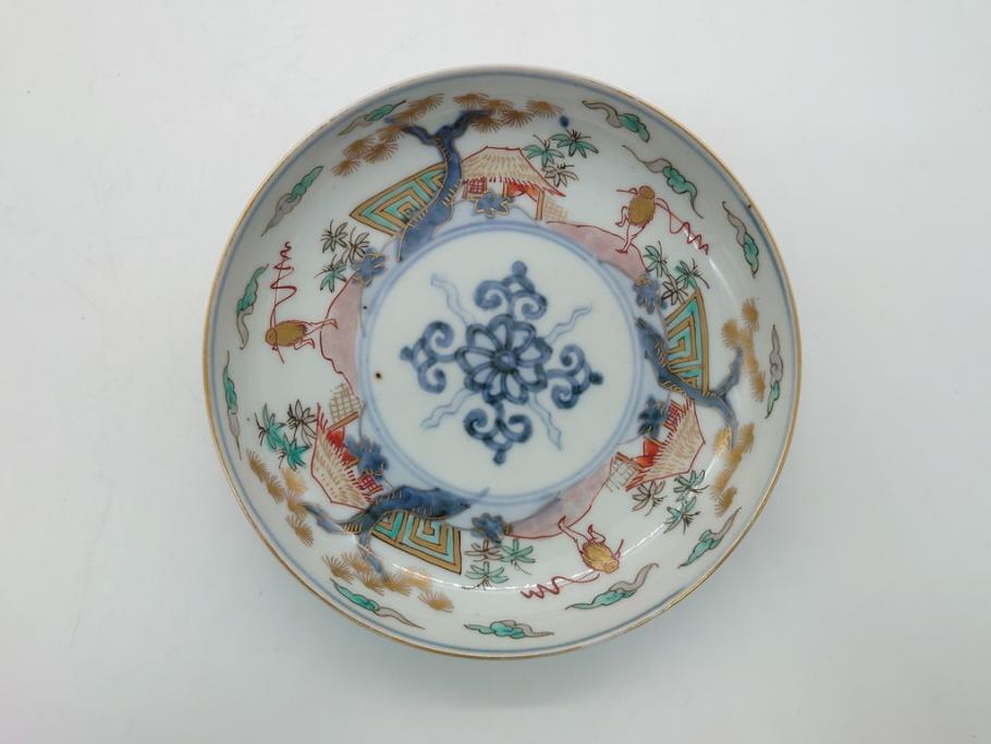 幕末期　伊万里　色絵　染付　金彩　4.5寸皿　約13.5cm　繊細で温かみのある絵付けが魅力の深皿5枚セット(四寸五分、中皿、和食器、和皿)(R-062108)