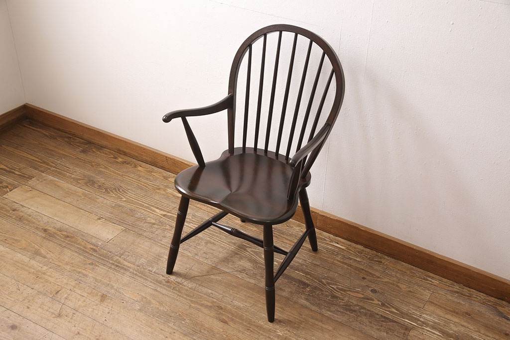 中古　美品　松本民芸家具　美しいシルエットが目を引く、#85リーチ型アームチェア(ダイニングチェア、板座チェア、椅子)(R-052355)