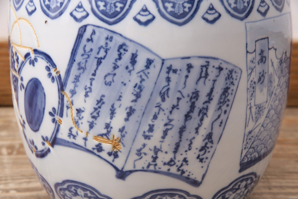アンティーク雑貨　鼓の文様が印象的な瀬戸火鉢(鉢カバー)(R-048632)