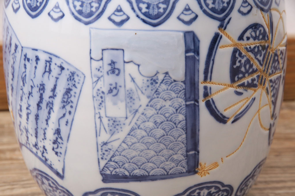 アンティーク雑貨　鼓の文様が印象的な瀬戸火鉢(鉢カバー)(R-048632)