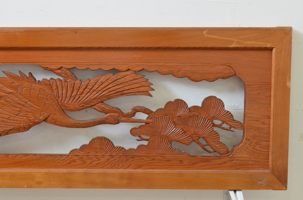 アンティーク建具　華やかな空間を演出する鶴と松の彫刻欄間2枚セット(明り取り、明かり取り、ランマ)(R-069523)