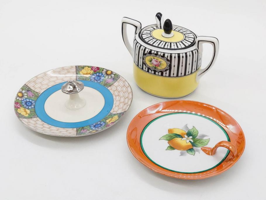 戦前　オールドノリタケ　NORITAKE　ラスター彩　ハンドル付　レモン　アールデコ　それぞれ華やかなデザインが素敵なプレート2枚&シュガーポットセット(サンドウィッチ、サンドイッチ、キャンディーディッシュ、アクセサリートレー、トレイ、小皿、中皿、洋食器)(R-083046)