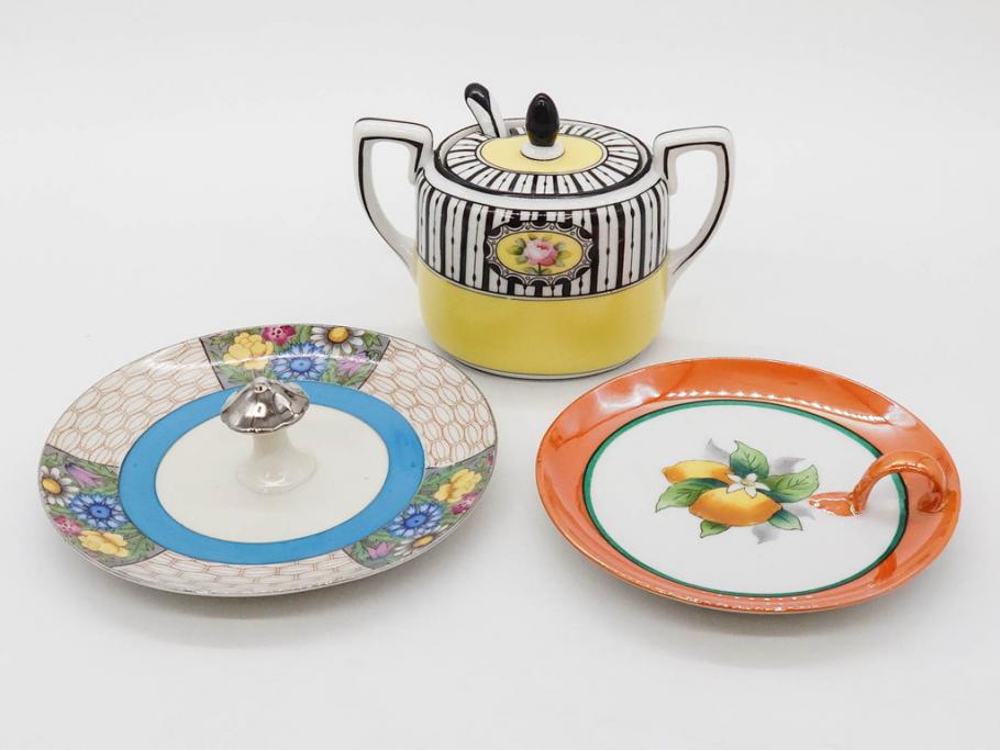 戦前　オールドノリタケ　NORITAKE　ラスター彩　ハンドル付　レモン　アールデコ　それぞれ華やかなデザインが素敵なプレート2枚&シュガーポットセット(サンドウィッチ、サンドイッチ、キャンディーディッシュ、アクセサリートレー、トレイ、小皿、中皿、洋食器)(R-083046)