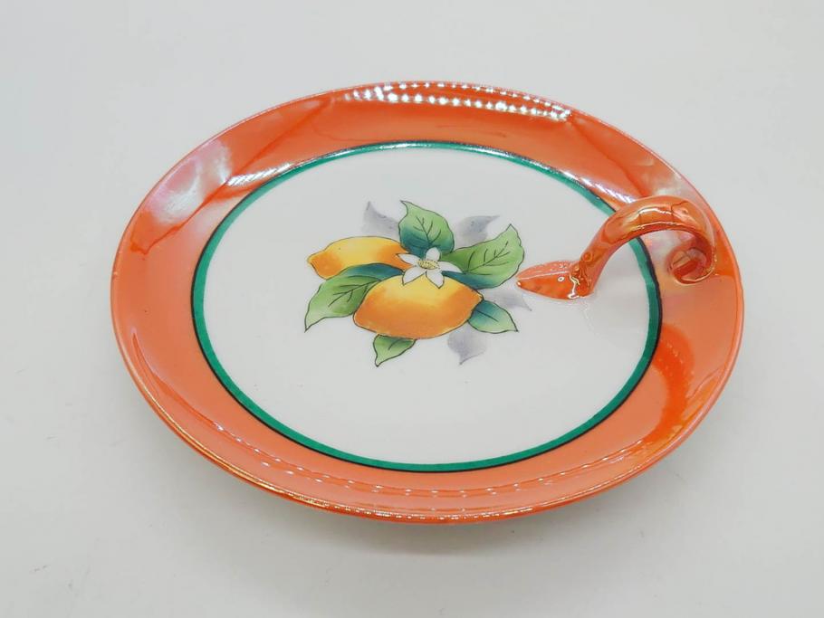 戦前　オールドノリタケ　NORITAKE　ラスター彩　ハンドル付　レモン　アールデコ　それぞれ華やかなデザインが素敵なプレート2枚&シュガーポットセット(サンドウィッチ、サンドイッチ、キャンディーディッシュ、アクセサリートレー、トレイ、小皿、中皿、洋食器)(R-083046)