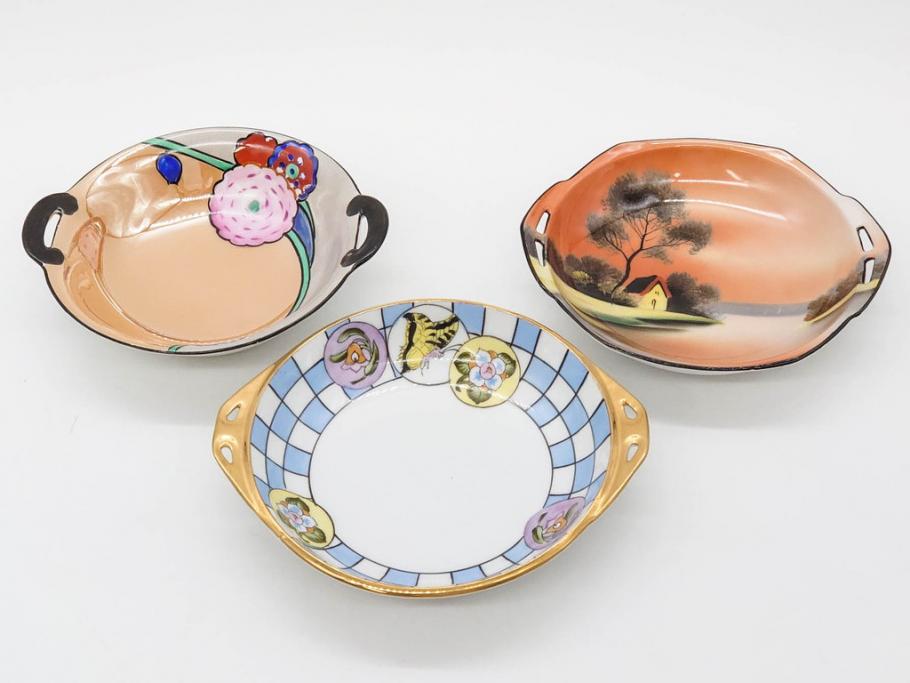オールドノリタケ　NORITAKE　ラスター彩　金彩　ハンドル付　食卓を彩る華やかなボウル3点セット(風景、花、蝶、ハンドペイント、プレート、深皿、洋食器)(R-083047)