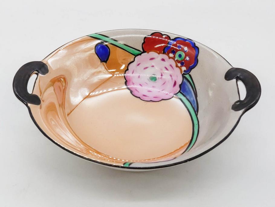 オールドノリタケ　NORITAKE　ラスター彩　金彩　ハンドル付　食卓を彩る華やかなボウル3点セット(風景、花、蝶、ハンドペイント、プレート、深皿、洋食器)(R-083047)