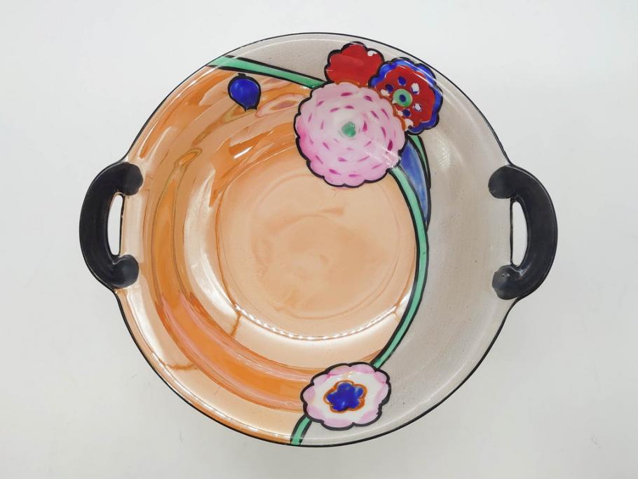 オールドノリタケ　NORITAKE　ラスター彩　金彩　ハンドル付　食卓を彩る華やかなボウル3点セット(風景、花、蝶、ハンドペイント、プレート、深皿、洋食器)(R-083047)