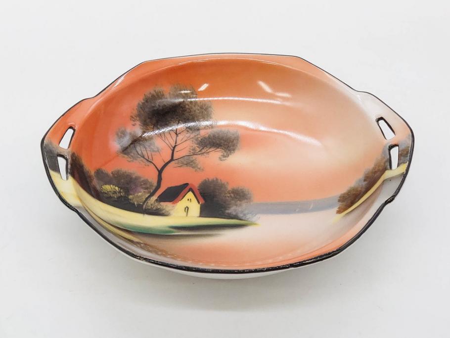 オールドノリタケ　NORITAKE　ラスター彩　金彩　ハンドル付　食卓を彩る華やかなボウル3点セット(風景、花、蝶、ハンドペイント、プレート、深皿、洋食器)(R-083047)