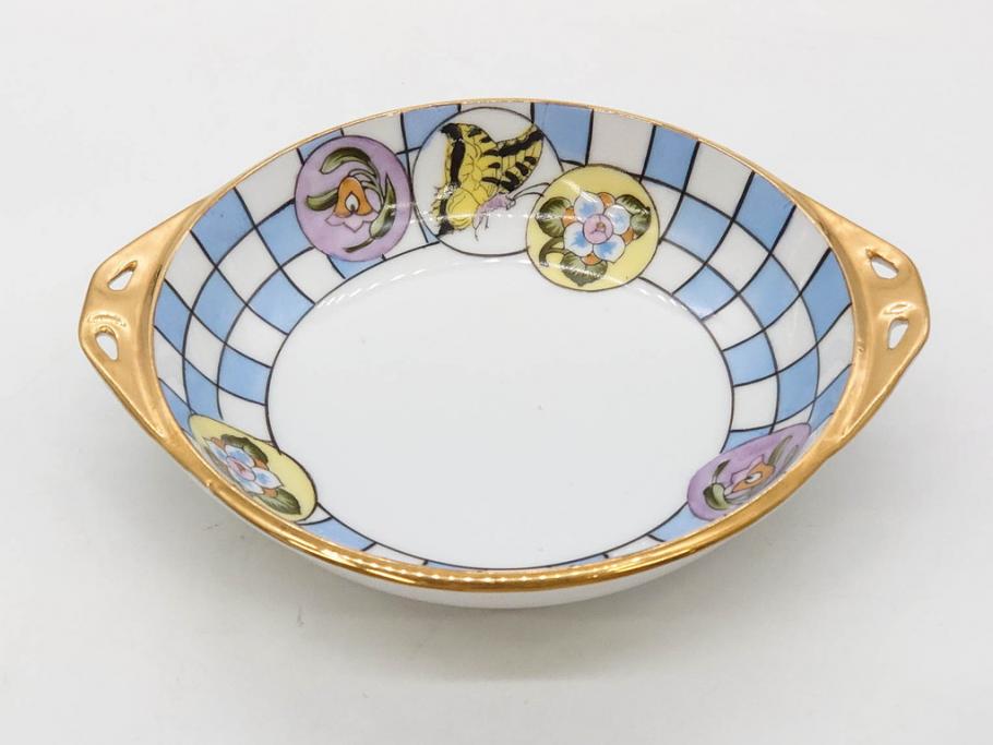 オールドノリタケ　NORITAKE　ラスター彩　金彩　ハンドル付　食卓を彩る華やかなボウル3点セット(風景、花、蝶、ハンドペイント、プレート、深皿、洋食器)(R-083047)