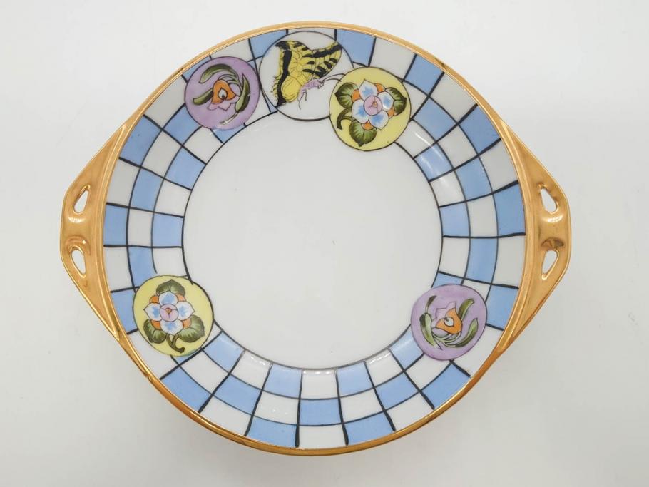 オールドノリタケ　NORITAKE　ラスター彩　金彩　ハンドル付　食卓を彩る華やかなボウル3点セット(風景、花、蝶、ハンドペイント、プレート、深皿、洋食器)(R-083047)