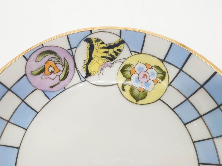 オールドノリタケ　NORITAKE　ラスター彩　金彩　ハンドル付　食卓を彩る華やかなボウル3点セット(風景、花、蝶、ハンドペイント、プレート、深皿、洋食器)(R-083047)