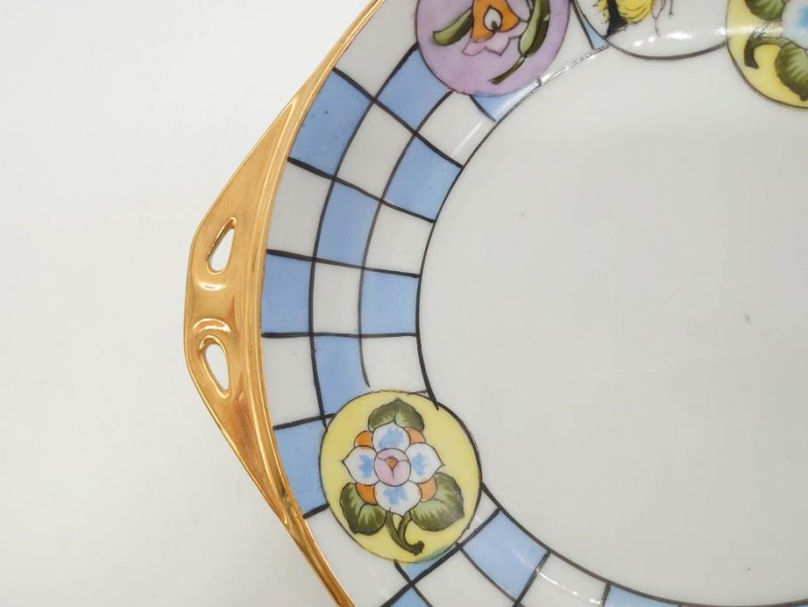 オールドノリタケ　NORITAKE　ラスター彩　金彩　ハンドル付　食卓を彩る華やかなボウル3点セット(風景、花、蝶、ハンドペイント、プレート、深皿、洋食器)(R-083047)