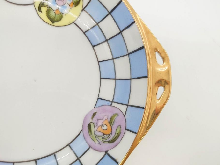 オールドノリタケ　NORITAKE　ラスター彩　金彩　ハンドル付　食卓を彩る華やかなボウル3点セット(風景、花、蝶、ハンドペイント、プレート、深皿、洋食器)(R-083047)