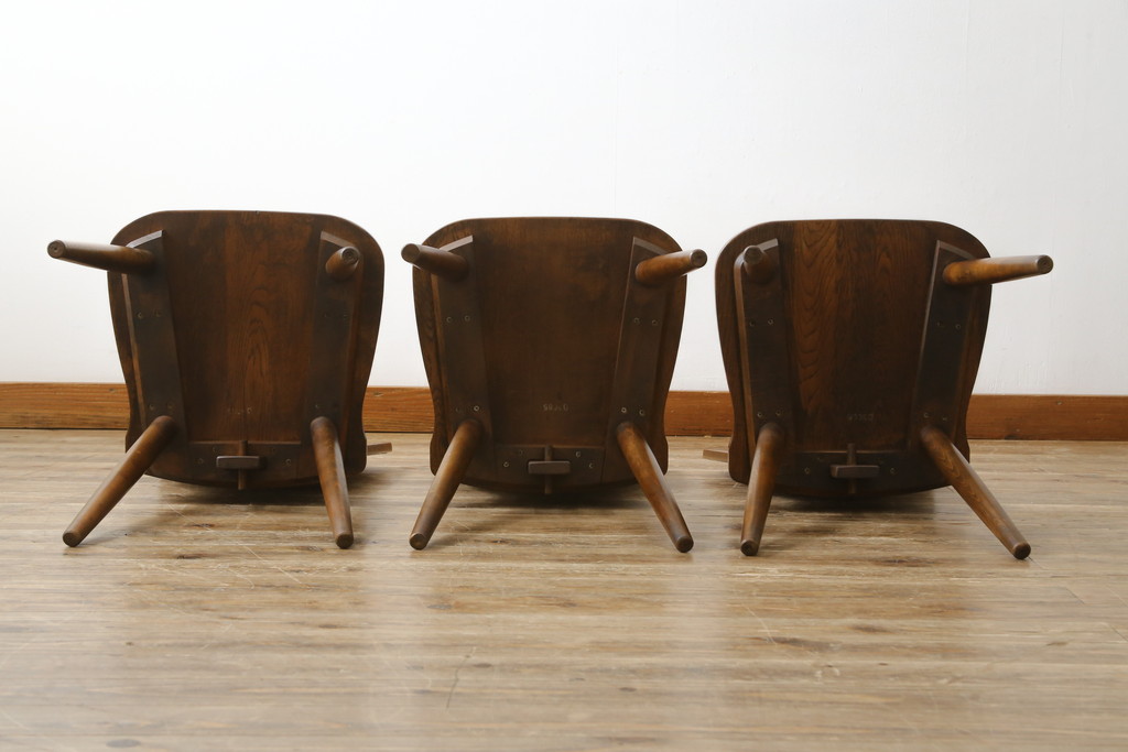 中古　希少な絶版品!!　カリモク家具(karimoku)　ルスティック(RUSTIC)　オーク材　カントリースタイルの空間づくりにおすすめなダイニングチェア3脚セット(板座チェア、椅子、イス、バラ売り可能)(R-075947)