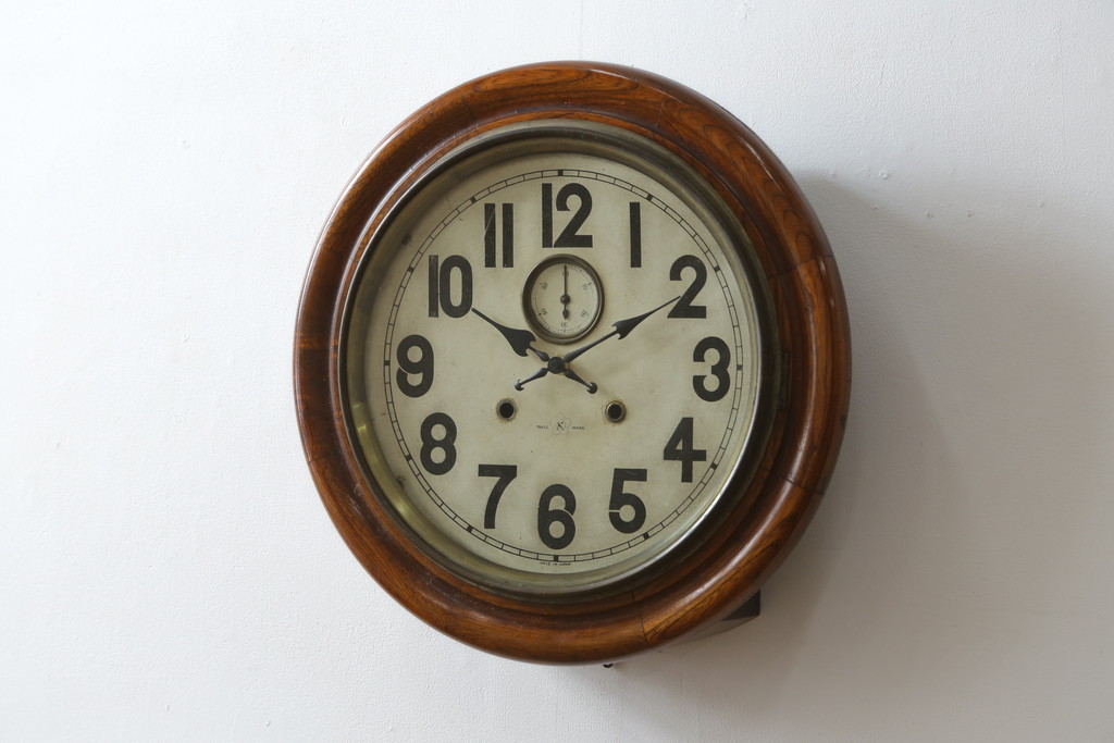 和製アンティーク　明治大正期　愛知県時計製造共同組合(AICHIKEN CLOCK-MAKERS' UNION'S MARK) シンプルな丸いフォルムのレトロな掛け時計(古時計、柱時計)(R-082071)