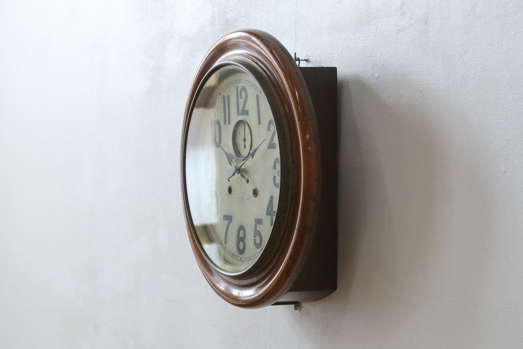 和製アンティーク　明治大正期　愛知県時計製造共同組合(AICHIKEN CLOCK-MAKERS' UNION'S MARK) シンプルな丸いフォルムのレトロな掛け時計(古時計、柱時計)(R-082071)