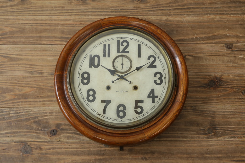 和製アンティーク　明治大正期　愛知県時計製造共同組合(AICHIKEN CLOCK-MAKERS' UNION'S MARK) シンプルな丸いフォルムのレトロな掛け時計(古時計、柱時計)(R-082071)