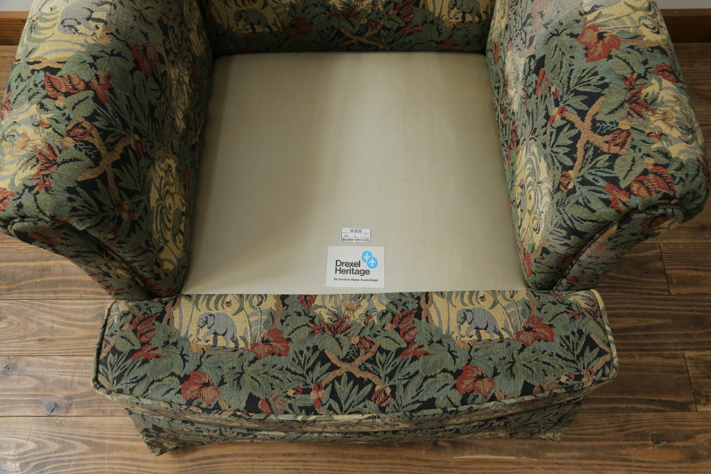 中古　美品　DREXEL HERITAGE(ドレクセルヘリテイジ)　個性の光るファブリックがステキな1人掛けソファ(一人掛けソファ、アームチェア)(R-057054)