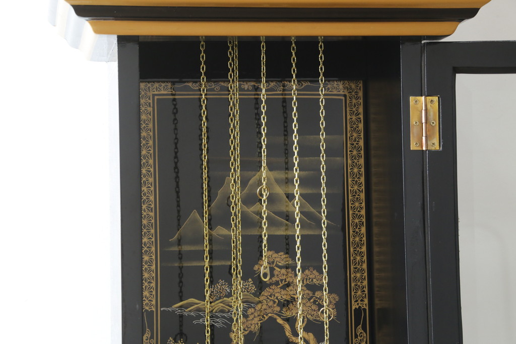 中古　高級品!!　オリエンタルデザイン　ドイツ製ムーブメント　黒塗りに金蒔絵風の絵柄が美しいホールクロック(時計台、振り子時計、ディスプレイ)(R-082944)