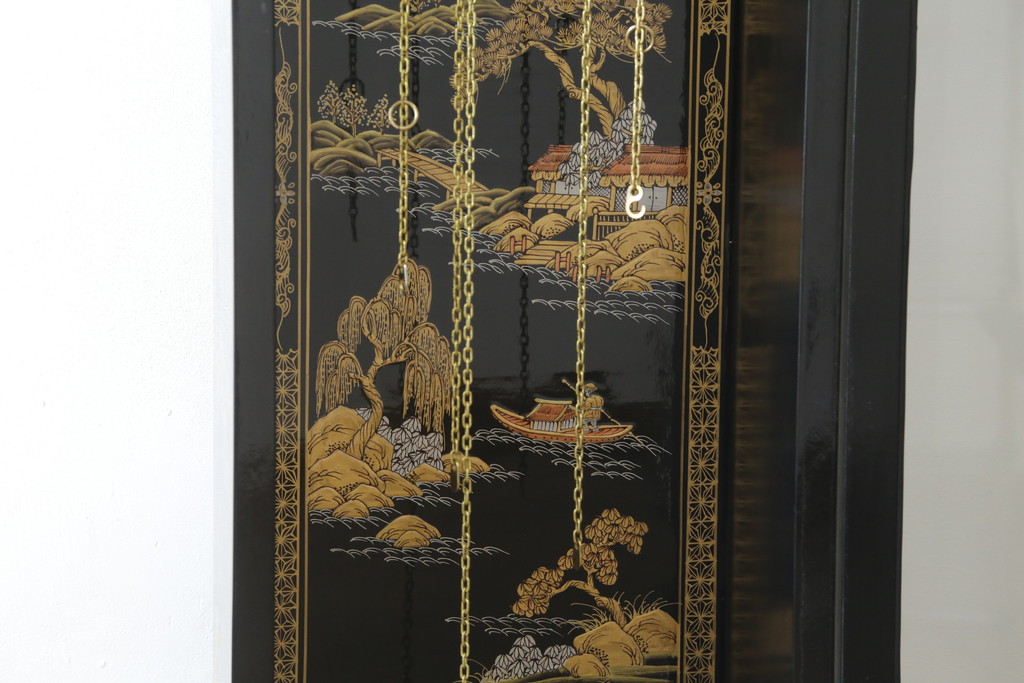 中古　高級品!!　オリエンタルデザイン　ドイツ製ムーブメント　黒塗りに金蒔絵風の絵柄が美しいホールクロック(時計台、振り子時計、ディスプレイ)(R-082944)