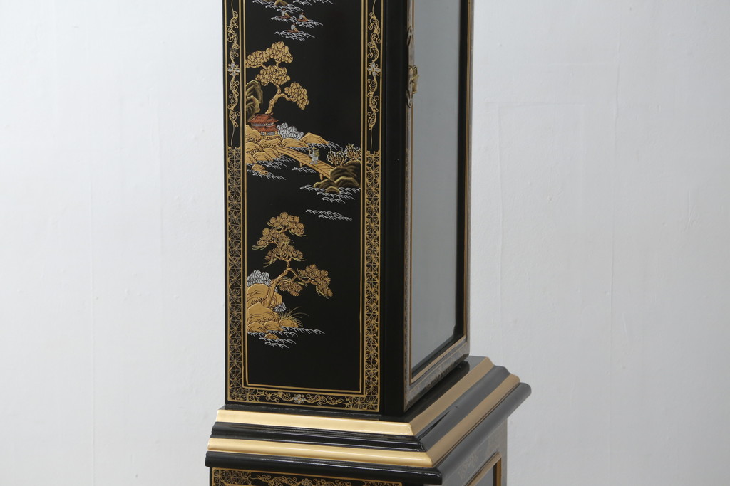 中古　高級品!!　オリエンタルデザイン　ドイツ製ムーブメント　黒塗りに金蒔絵風の絵柄が美しいホールクロック(時計台、振り子時計、ディスプレイ)(R-082944)