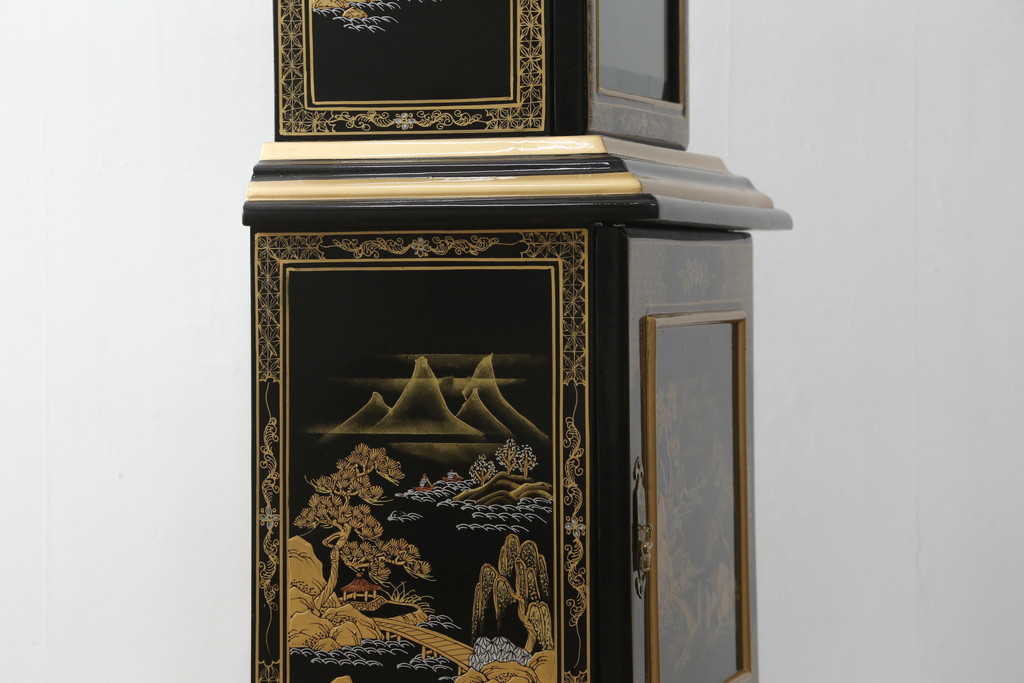 中古　高級品!!　オリエンタルデザイン　ドイツ製ムーブメント　黒塗りに金蒔絵風の絵柄が美しいホールクロック(時計台、振り子時計、ディスプレイ)(R-082944)
