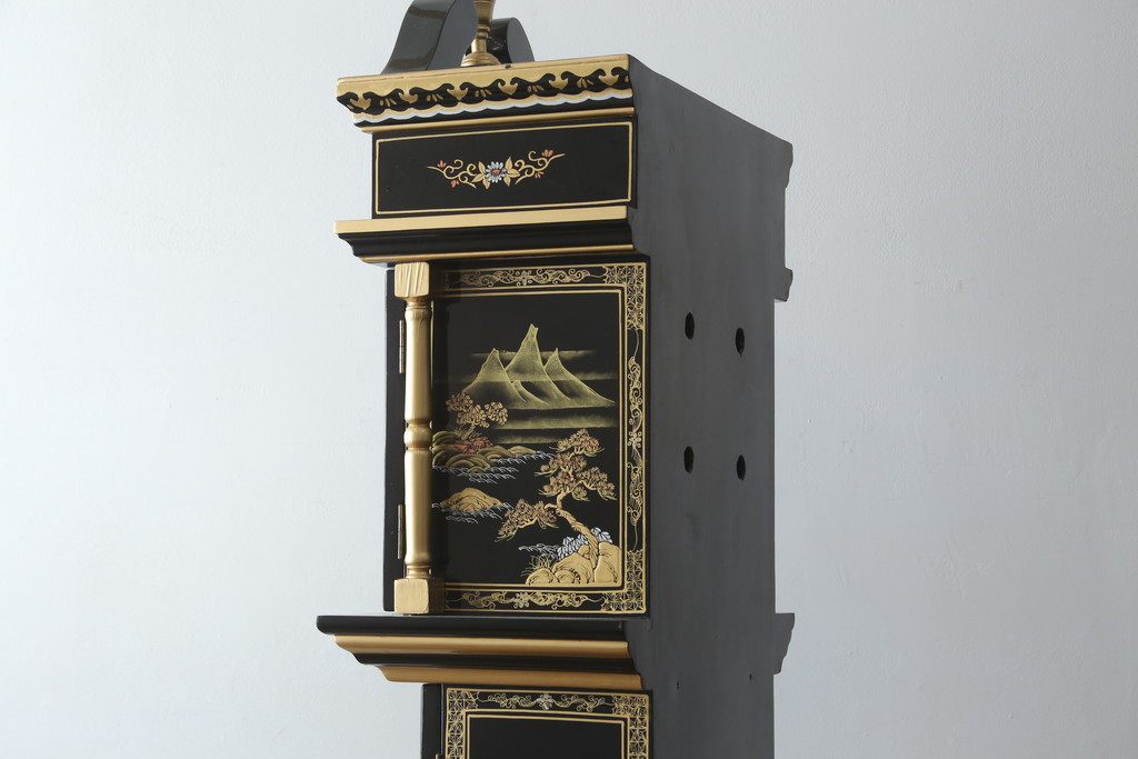 中古　高級品!!　オリエンタルデザイン　ドイツ製ムーブメント　黒塗りに金蒔絵風の絵柄が美しいホールクロック(時計台、振り子時計、ディスプレイ)(R-082944)
