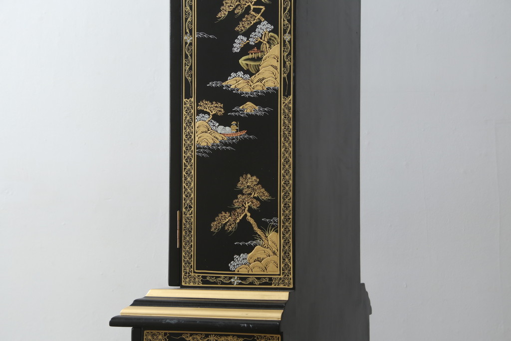 中古　高級品!!　オリエンタルデザイン　ドイツ製ムーブメント　黒塗りに金蒔絵風の絵柄が美しいホールクロック(時計台、振り子時計、ディスプレイ)(R-082944)